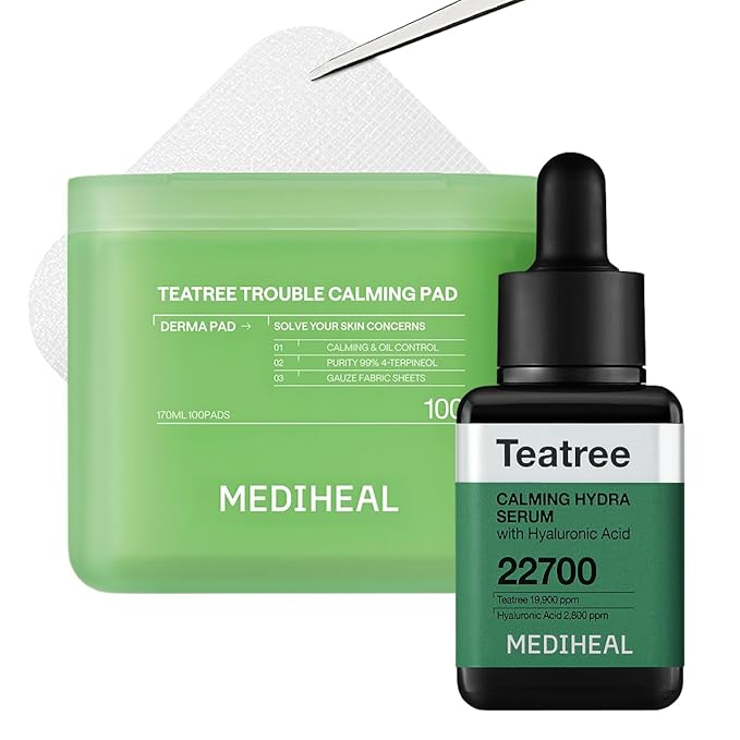 Mediheal Teatree Pad & Serum Duo Set for Quick Skin Calming & Redness Relief - Teatree Trouble Calming Toner Pads (100 Count) + Teatree Serum (1.35 fl.oz)