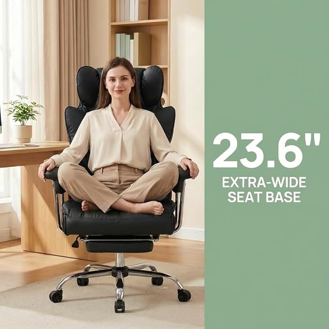 Efomao Big & Tall Office Chair with Footrest, High-Back Leather Executive Desk Chair with Lumbar Support and Padded Armrests, Black