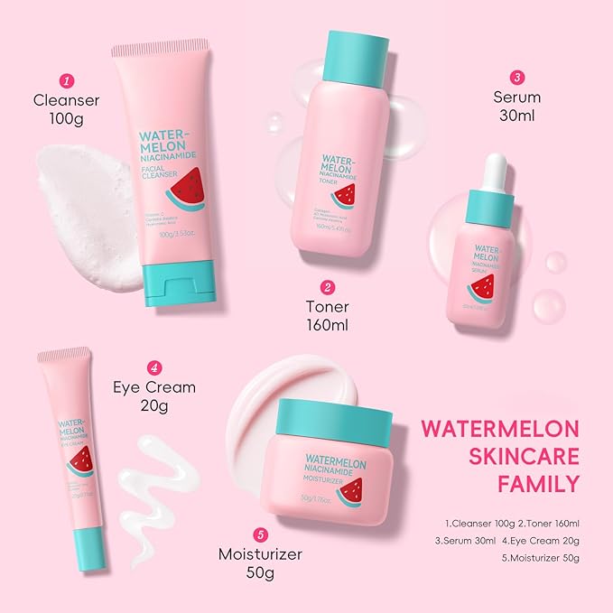Watermelon Korean Style Skin Care Sets, Skin Care for Women Teens Girls, Beauty Skincare Gift Sets, with Facial Cleanser, Toner, Serum, Eye Cream, Moisturizer, Hydrates, Smoothes, Evens Skin tone