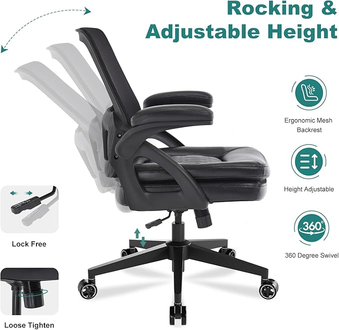 Big and Tall Office Chair, 500lbs Mesh Heavy Duty Ergonomic Desk Chair with Flip-up Armrests, Plus Size Wide Seat in PU Leather, 360 Swivel Computer Executive Task Chair for Home Office (Black)