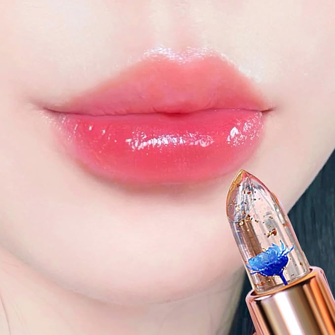 BLUE LOVE 3-Piece Color Changing Flower Jelly Lipstick Set - Nourishing Clear Lip Balm with Flower, Long-Lasting Moisturizing Lip Gloss (3Pc Blue)