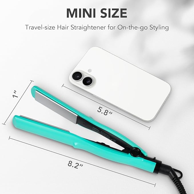 Mini 1 Inch Ceramic Flat Iron – Compact Hair Straightener for Short Hair & Bangs, Dual Voltage Travel-Friendly, Green