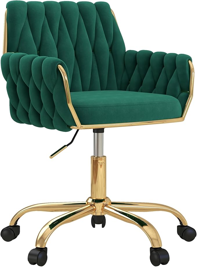 Velvet Home Office Chair, Modern Height Adjustable Cute Vanity Chair, 360° Swivel Makeup Chair Desk Chair with Golden Base and Hand Woven Backrest for Bedroom/Study/Vanity(Green)