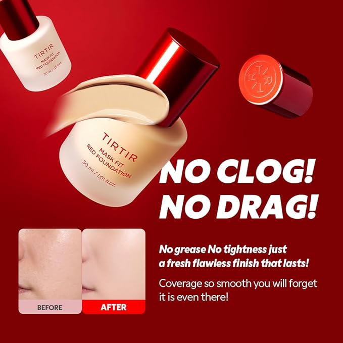 TIRTIR Mask Fit Red FoundationㅣLong Lasting Flawless Coverage, Energy Essence, Lightweight, Hydrating, Pore-Blurring, Breathable Satin Finish, Makeup, Radiant Skin, #10C Shell, 1.01 Fl Oz
