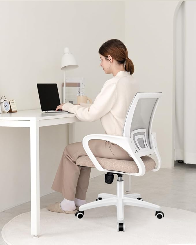 NEO CHAIR Office Desk Computer Chair Ergonomic Mesh Gaming Mid Back Seat with Comfy Lumbar Support Adjustable Height Swivel for Home Task (Beige)