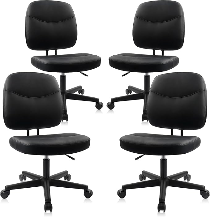CLATINA Armless Home Office Chair,Small PU Leather Ergonomic Low Back Desk Chair with Lumbar Support and Wheels, Adjustable Height 360° Swivel Rolling Computer Task Chair, Black, 4 Pack