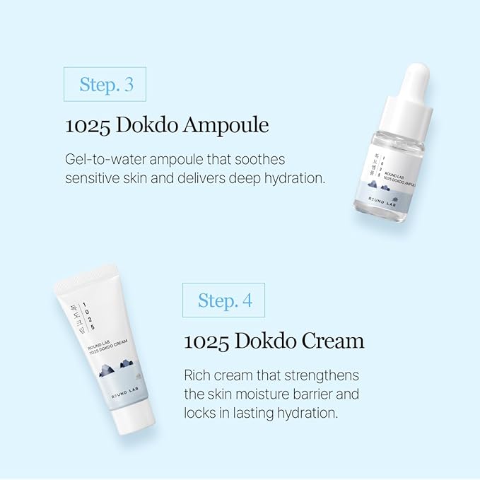 ROUND LAB 1025 Dokdo Hydrating Mini Size Kit (Cleanser, Toner, Ampule, Cream), Deep Hydration for Dry Skin, Daily Skin Care Routine Trial Kit for Moisture Care, Travel Size Gift Set, Korean Skin Care