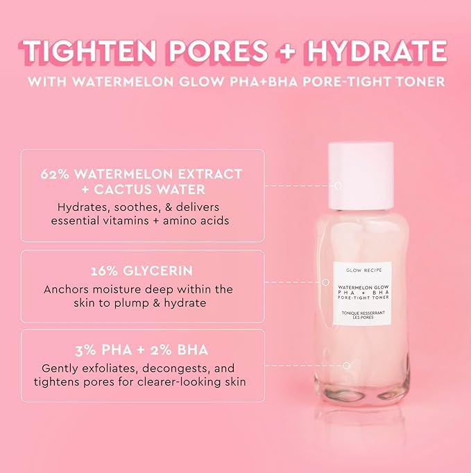 Glow Recipe Watermelon BHA + PHA Pore Tight Facial Toner (40 ml) + Plum Plump Hyaluronic Acid Cream (20 ml) + Niacinamide Bronzing Hue Drops (40 ml) - Skincare Travel Kit for Glowing Skin