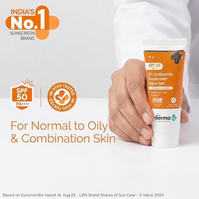 The Derma Co 1% Hyaluronic Sunscreen Aqua Gel SPF 50 PA++++ Hydrating, Lightweight & Non-Greasy No White Cast Broad Spectrum & Blue Light Protection Clinically Tested - (In-Vivo) 30 g