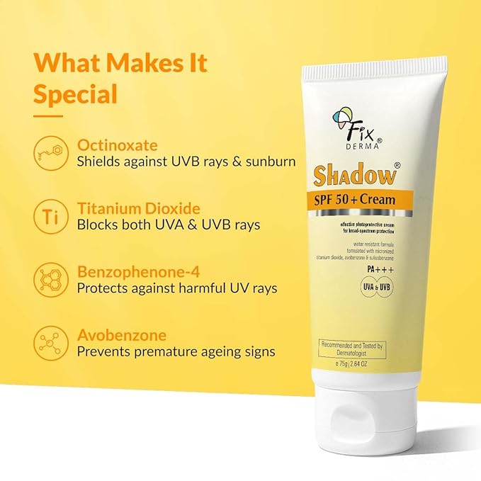 Fixderma Shadow SPF 50+ Cream | Sunscreen for Face | Sunscreen SPF 50 | Skin Sun Protection | Broad Spectrum Sunscreen for UV Protection Suitable for All Skin Types - 2.64 Fl Oz
