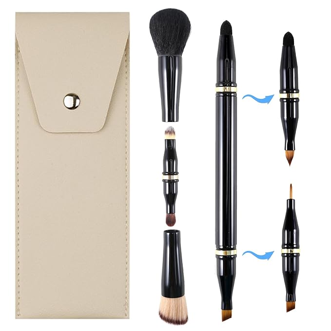 Ponhey 4 in 1 Travel Makeup Brushes Set Detachable Travel Makeup Brush with case for Foundation| Loose Powder| Concealer| Eye Shadow| Eyeliner Double Ended Makeup Brush Ideal for Liquid, Cream, Powder