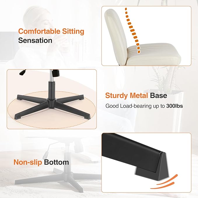 Sweetcrispy Criss Cross Chair Legged, Armless Office Wide Desk Chair No Wheels, PU Leather Swivel Vanity Height Adjustable Fabric Modern Computer Task Seating for Home - Beige