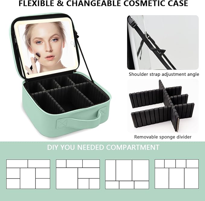 Makeup Bag with Led Mirror,Large Vanity Makeup Cases with 3 Color Setting,Portable Storage and Adjustable Dividers,for Women and Makeup Artists Cosmetic Organizer Travel Makeup Bag-Light Green