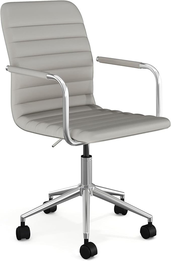 Martha Stewart Taytum Swivel Task Chair with Armrests for Home Office in Gray Faux Leather with Polished Nickel Frame