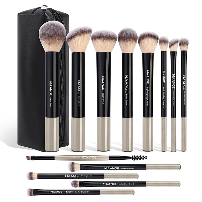 MAANGE 13 PCS Makeup Brushes Professional Make Up Brushes Premium Synthetic Powder Concealers Brushes Travel Makeup Brush Set with Case (Black)