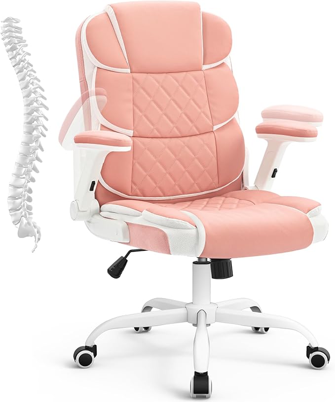 SEATZONE Ergonomic Office Chair Pink PU Leather Desk Chairs Computer Chair with Wheels and Flip-up Arms,Rolling Swivel Task Chair for Women,Girls