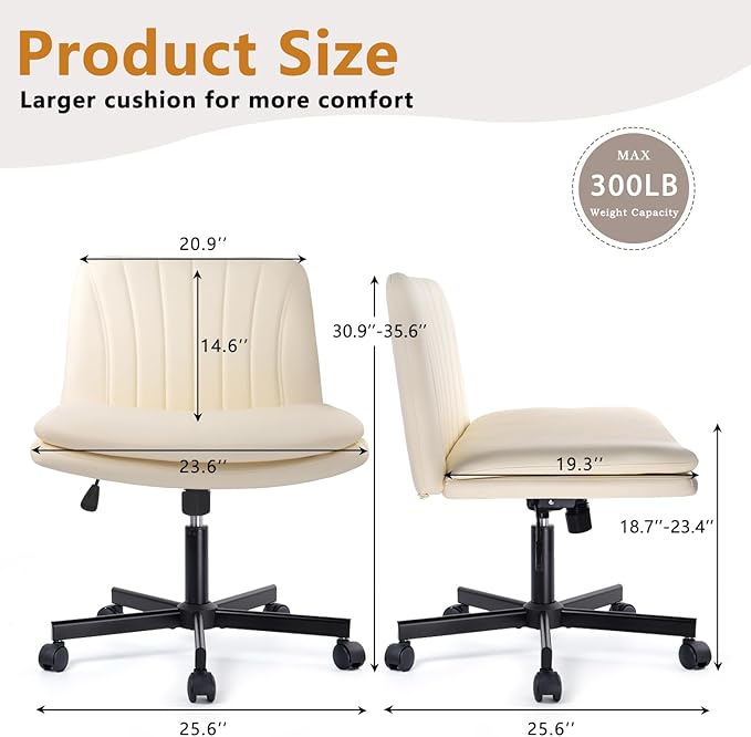 Criss Cross Chair with Wheels, Cross Legged Office Vanity Chair with Wheels, Comfortable Beige Vanity Stool with Back, PU Leather Armless Wide Swivel Criss Cross Desk Chair for Home Office
