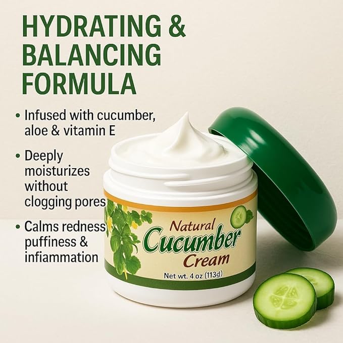 Bargz Cucumber Face Cream 4 oz 113g Non Greasy Moisturizer with Cucumber Extract Aloe Chamomile Ginseng Herbal Blend Hydrating Soothing Anti Aging Cream for Dry Sensitive Skin Fine Lines Wrinkles
