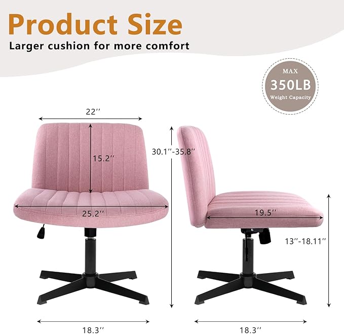 Criss Cross Chair, Cross Legged Desk Office Vanity Chair, Comfortable Pink Vanity Chair with Back, Armless Fabric Adjustable Wide Swivel Criss Cross Desk Chair for Home Office
