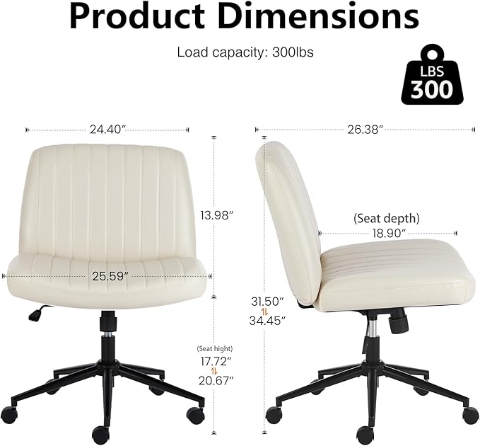 Sweetcrispy Criss Cross Chair Legged, Armless Office Desk Chair with Wheels, PU Leather Swivel Vanity Height Adjustable Wide Seat Computer Task Seating - Beige