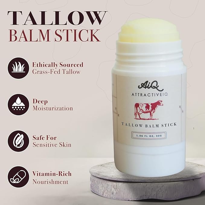 Beef Tallow for Skin – Grass-Fed Tallow Balm Stick Moisturizer with Raw Honey, Vitamin E & Olive Oil – Natural Face & Body Moisturizer for Dry, Sensitive Skin (1.06 oz)