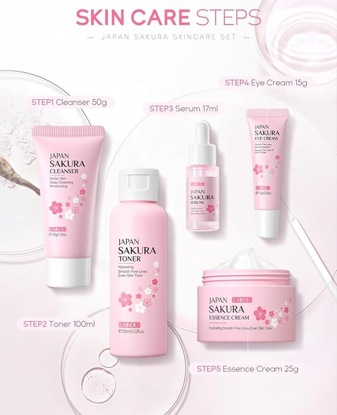 Skin Care Set for Women Girls, Cherry Blossoms Beauty Gift Sets Skin Care Kit with Cleanser, Face Serum, Face Cream,Toner,Eye Cream（5pcs Skin Care Kit）