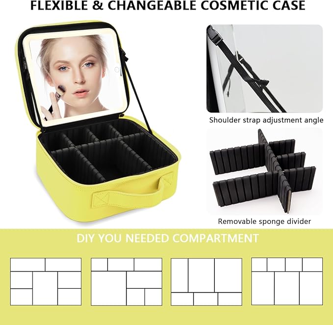 Makeup Bag with Led Mirror,Large Vanity Makeup Cases with 3 Color Setting,Portable Storage and Adjustable Dividers,for Women and Makeup Artists Cosmetic Organizer Travel Makeup Bag-Yellow