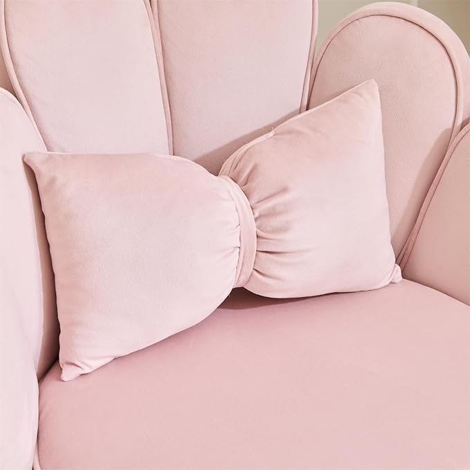 VINGLI Petal Makeup Vanity Chair with Back,Flower Cute Girls Desk Chair Comfy No Wheels,Modern Dining Chair,Small Accent Chair with Adustable Gold Legs&Bow Pillow for Home Office,Bedroom,Velvet,Pink