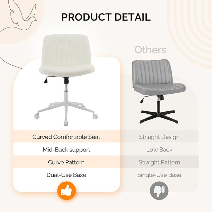 VINGLI Criss Cross Legged Chair,Wide Comfy Office Desk Chair,Dual-Use with/no Wheels Computer Task Chair,Swivel Armless Vanity Rolling Chair for Study,Make Up,Home Office,Cat Scratch PU Leather,Beige