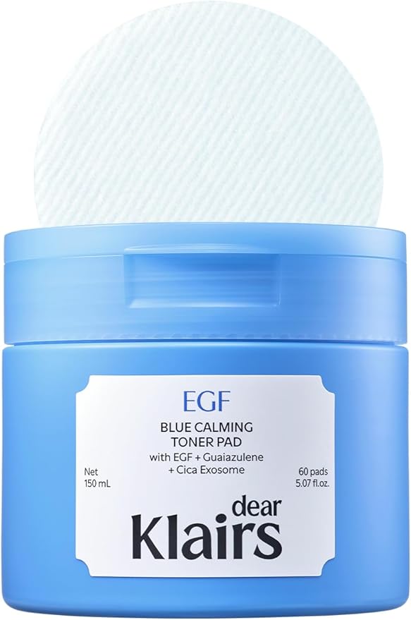 Dear Klairs EGF Blue Calming Toner Pad with Guaiazulene & CICA Exosome, Uneven Tone, Deep Hydration, Korean Exfoliating Face Skin Care, K-Beauty, 5.07 Fl Oz, 60 Pads