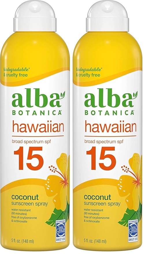 Alba-Botanica's Sunscreen Spray for Face and Body, Broad Spectrum SPF 15 Sunscreen, Hawaiian Coconut, Water Resistant and Biodegradable, 5 fl. oz. Bottle (Pack of 2)