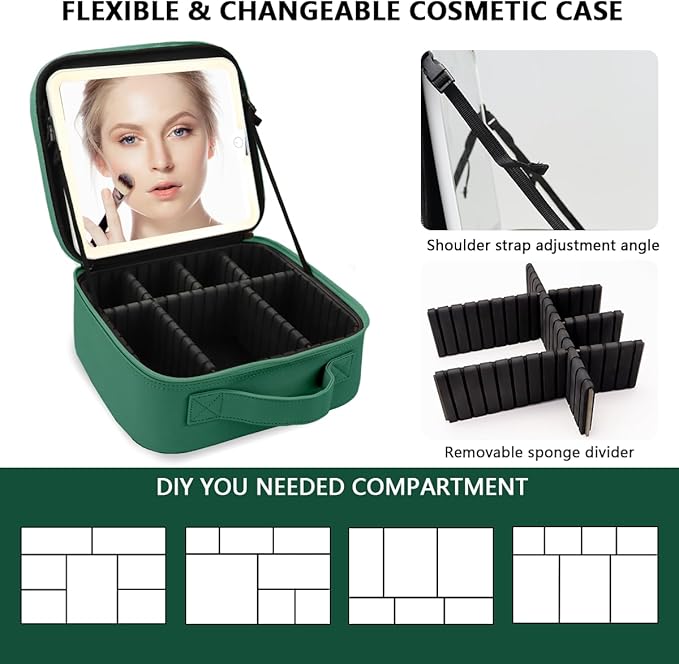 Makeup Bag with Led Mirror,Large Vanity Makeup Cases with 3 Color Setting,Portable Storage and Adjustable Dividers,for Women and Makeup Artists Cosmetic Organizer Travel Makeup Bag-Dark Green