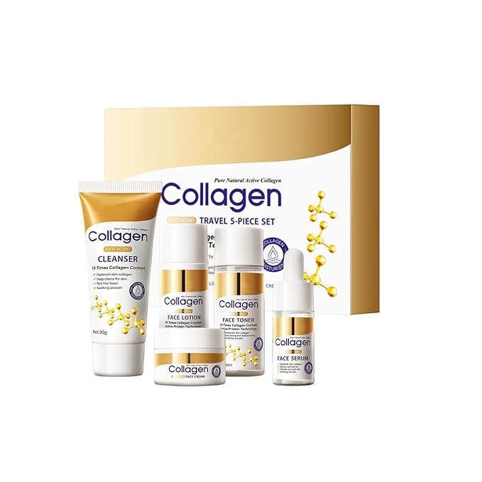 Collagen Skin Care Set Travel Kit, Mini Travel Essentials Skincare Set Women Gifts with Cleanser, Toner, Lotion, Serum, Cream Hydrating, Firming Skin, Travel Size Gift Kit for Teens & Women