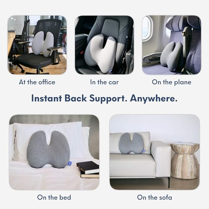 C CUSHION LAB Extra Dense Lumbar Pillow - Patented Ergonomic Multi-Region Firm Back Support for Lower Back Pain Relief - Lumbar Support Cushion with Strap for Office Chair, Car, Sofa, Plane - Grey