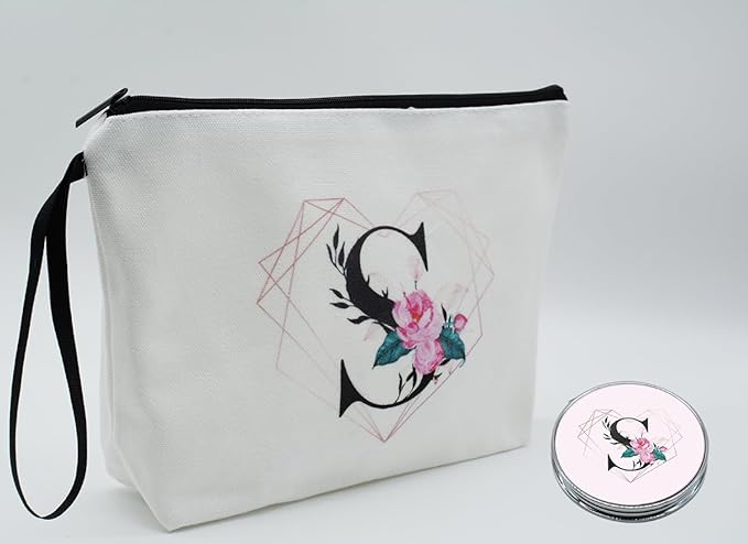 Personalized Initial S floral Makeup Bag set with Mirror for Women,White Ietter travel Cosmetic bag kit for Bride Bridesmaid with10 pieces pink brush set,Initial Gifts for Girls Mom femal Friends