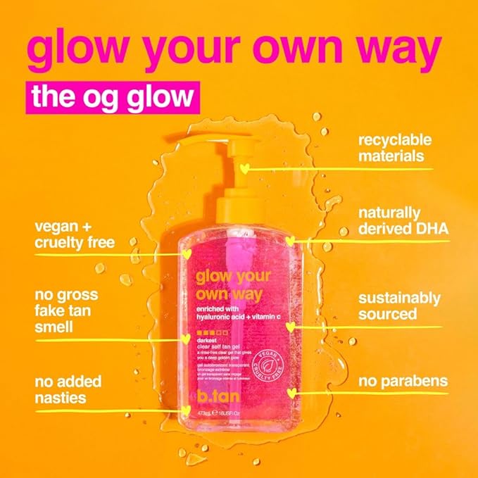 b.tan Dark Clear Self Tan Gel | Glow Your Own Way - Best Transfer Resistant, Ultra Quick Bronze, Gradual Sunless Tanning Lotion, Deep Moisturizer, No Fake Tanner Smell, 16 Fl Oz