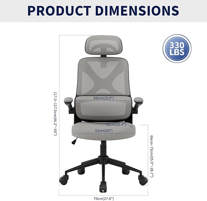 Ergonomic Office Chair - Desk Chair with Adjustable Headrest Lumbar Support Computer Chair - Mesh Comfy Chair with Flip-up Armrests - Gaming Chairs for Adults Home Office 330 LBS (Black+Gray)