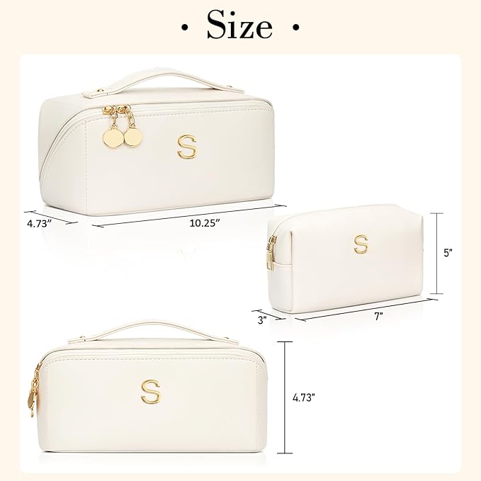 Birthday Gifts for Women Teen Girl, Personalized Initial Makeup Organizer Bag Set, Open Flat Travel Cosmetic Bag With Clear Divider and Handle(Large-Beige,S)