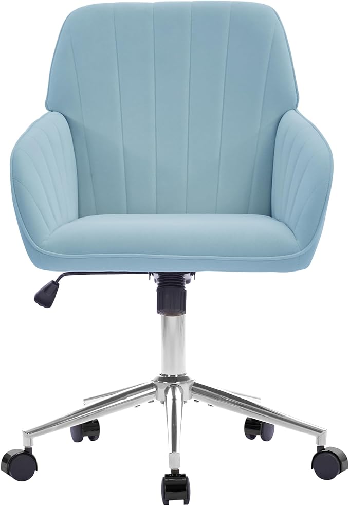 YITAI Velvet Office Desk Armchairs with Silver Base and Wheels,Modern Height Adjustable 360 Degree Swivel Upholstered Vanity Chairs for Living/Room Bedroom/Study,Light Blue