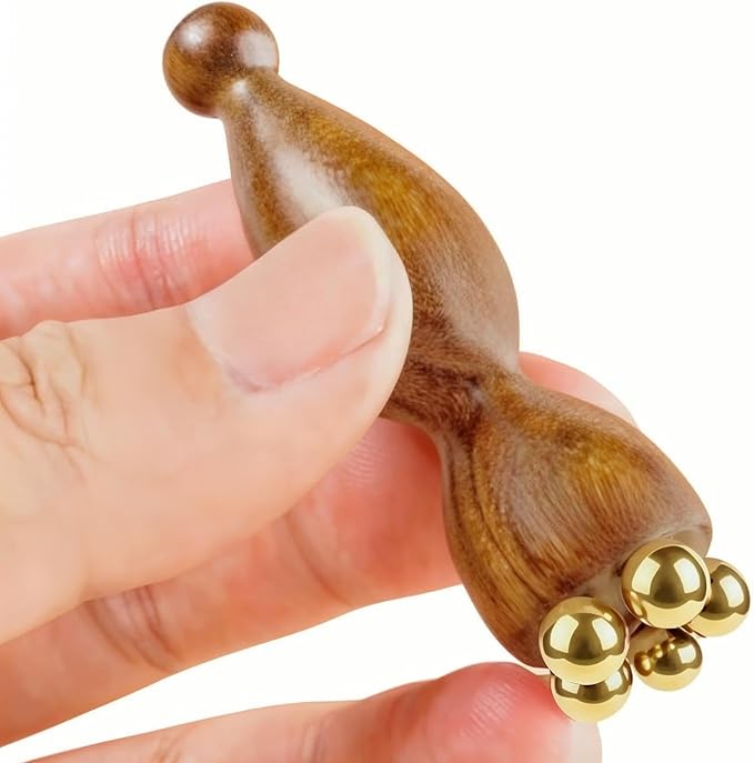 Mini Ice Roller, Sandalwood Facial Massage Tool, 5 Copper Beads for Face and Eyes, Travel Size