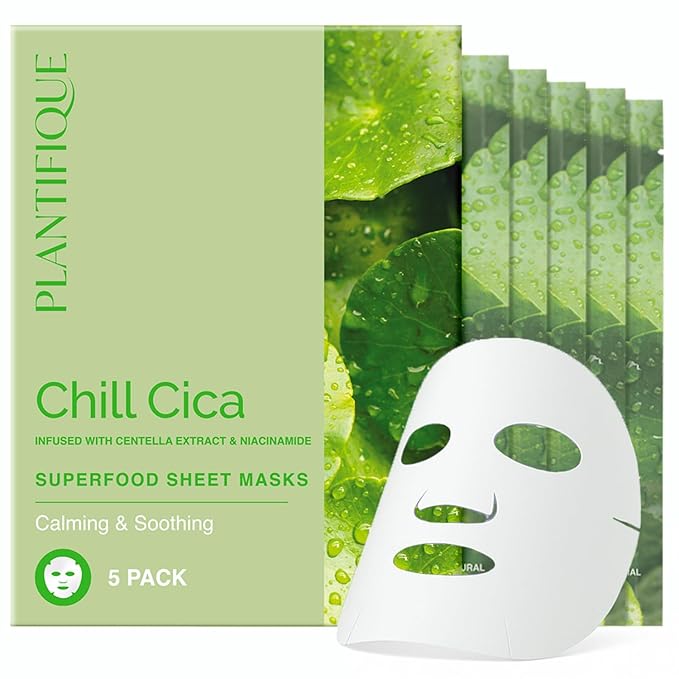 PLANTIFIQUE Facial Sheet Mask Chill Cica 5 Pack – Calming & Soothing and Korean Glycolic Acid Toner Pads with CICA, 60 Pcs