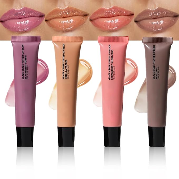 4Pcs Summer Lip Butter Lip Balm Glow Reviver Lip Gloss, Melting Lip Serum, Ultra-Hydrating Natural Vegan Lip Balm, Sheer-Tinted Shine & Hydration, Soothes & Softens Dry Lips (01+02+03+06, 4Pcs)