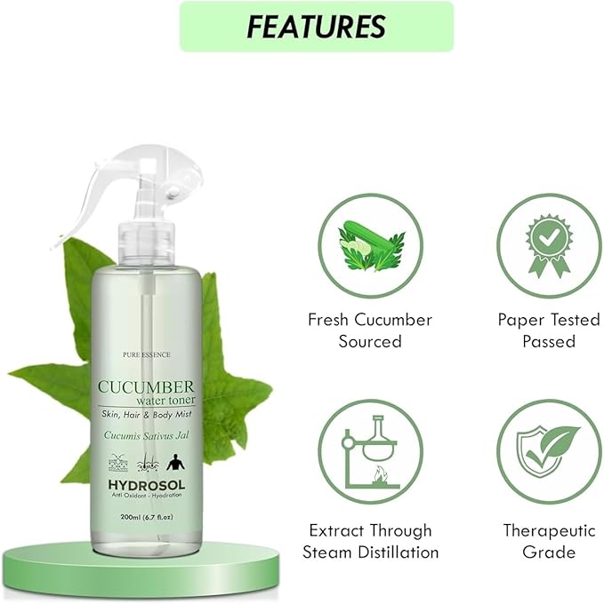 TV Cucumber Water Toner/Mist Spray/Hydrosol -Hydrating, Refreshing Skin & Hair Care Solution - pH Balancing, Acne-Fighting, Daily Use Formula 200ml