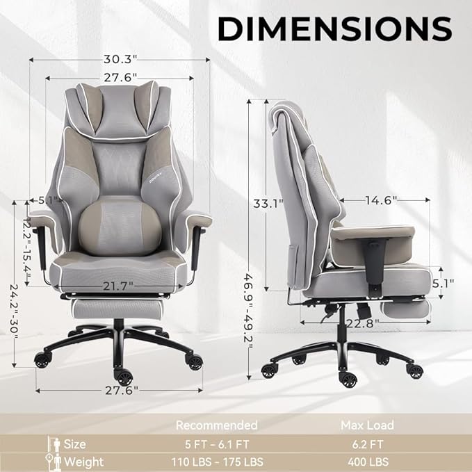 Dowinx Big and Tall Office Chair with Massage Lumbar Support,Executive Office Chair with Wide Thick Seat Cushion and Adjustable Armrest,Mesh Computer Gaming Chairs with Footrest (Grey)