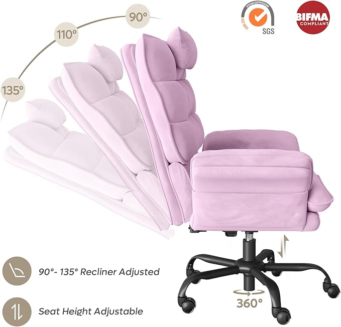 Bestier Criss Cross Chair with Flip-Up Armrests and Headrest, 135° Reclining Swivel Executive Chair with Side Pockets, Big and Tall Computer Desk Chair for Home Office Bedroom, Pink Velvet