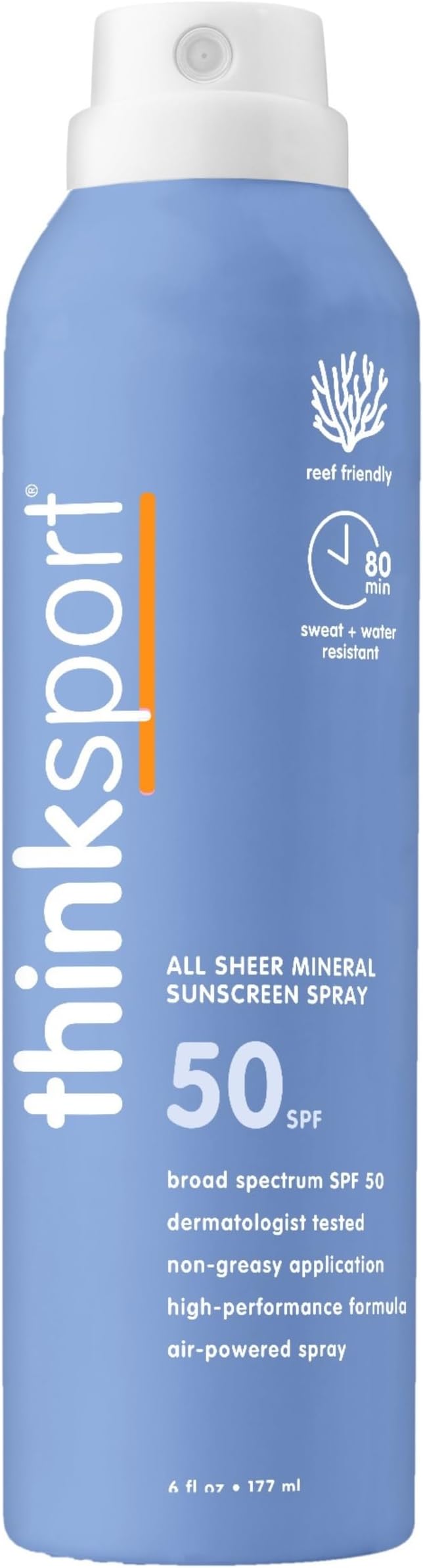 Thinksport SPF 50+ Mineral Sunscreen Spray, All Sheer, 6 Fl Oz – Natural, Water Resistant Body Sun Protection, Vegan & Reef Safe