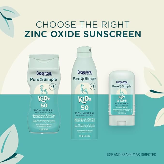 Coppertone Pure and Simple Kids Mineral Sunscreen Spray SPF 50 (5 Oz) + Kids Sunscreen Stick SPF 50 (0.49 Oz), Hypoallergenic and Fragrance Free