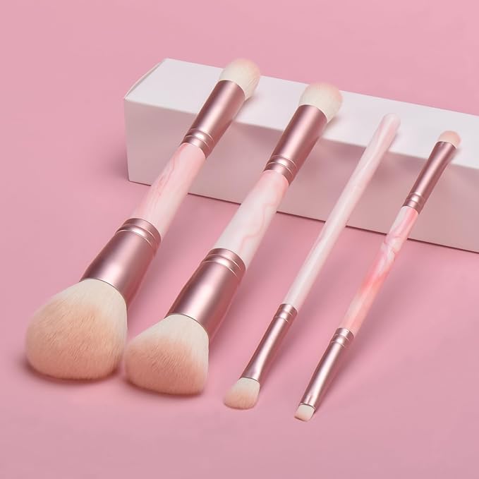 4PCS Pink Dual-Ended Makeup Brushes Set, Professional Foundation Blush Concealer Eyeshadow Kabuki Brush Kit, Soft Vegan Synthetic Bristles for Women