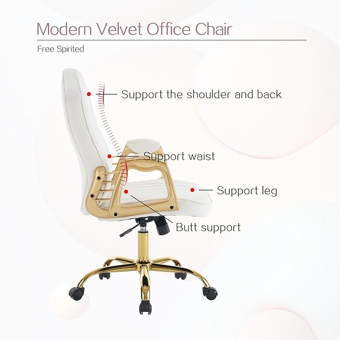 Velvet Home Office Chair with Gold Arms and Legs, Comfortable Upholstered Tufted Swivel Desk Chair Comfy with Wheels for Girls Women Study Bedroom Living Room,Cream