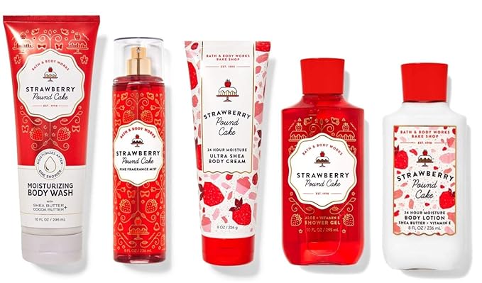 Bath & Body Works Skin Care Bundle Strawberry Pound Cake Wash Mist Cream Shower Gel and Lotion Full Size